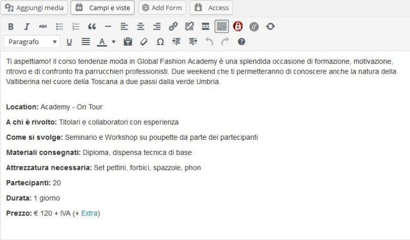 Il testo deve essere modificato con l'editor di testo (questa è la modalità visuale - più pratica ma meno potente)